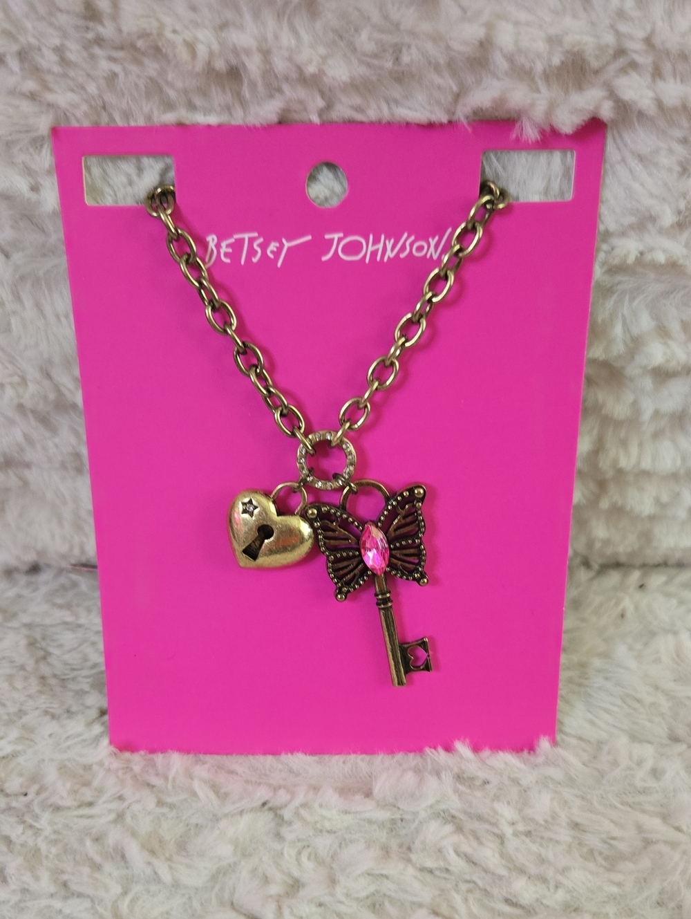 Betsey Johnson Antique Gold Key & Heart Butterfly Necklace with Pink Crystal